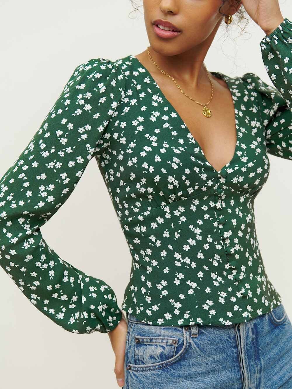 Reformation Ditsy Print Green Puff Sleeve V Neck Dainty Nell Top Size Small